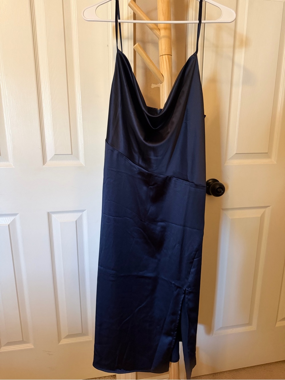 Satin Cowl Neck Slip Midi Dress in Navy